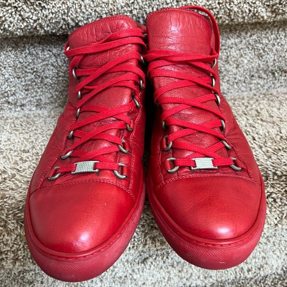 Balenciaga Arena Men's Red Leather High Top Sneakers. - Picture 4 of 14
